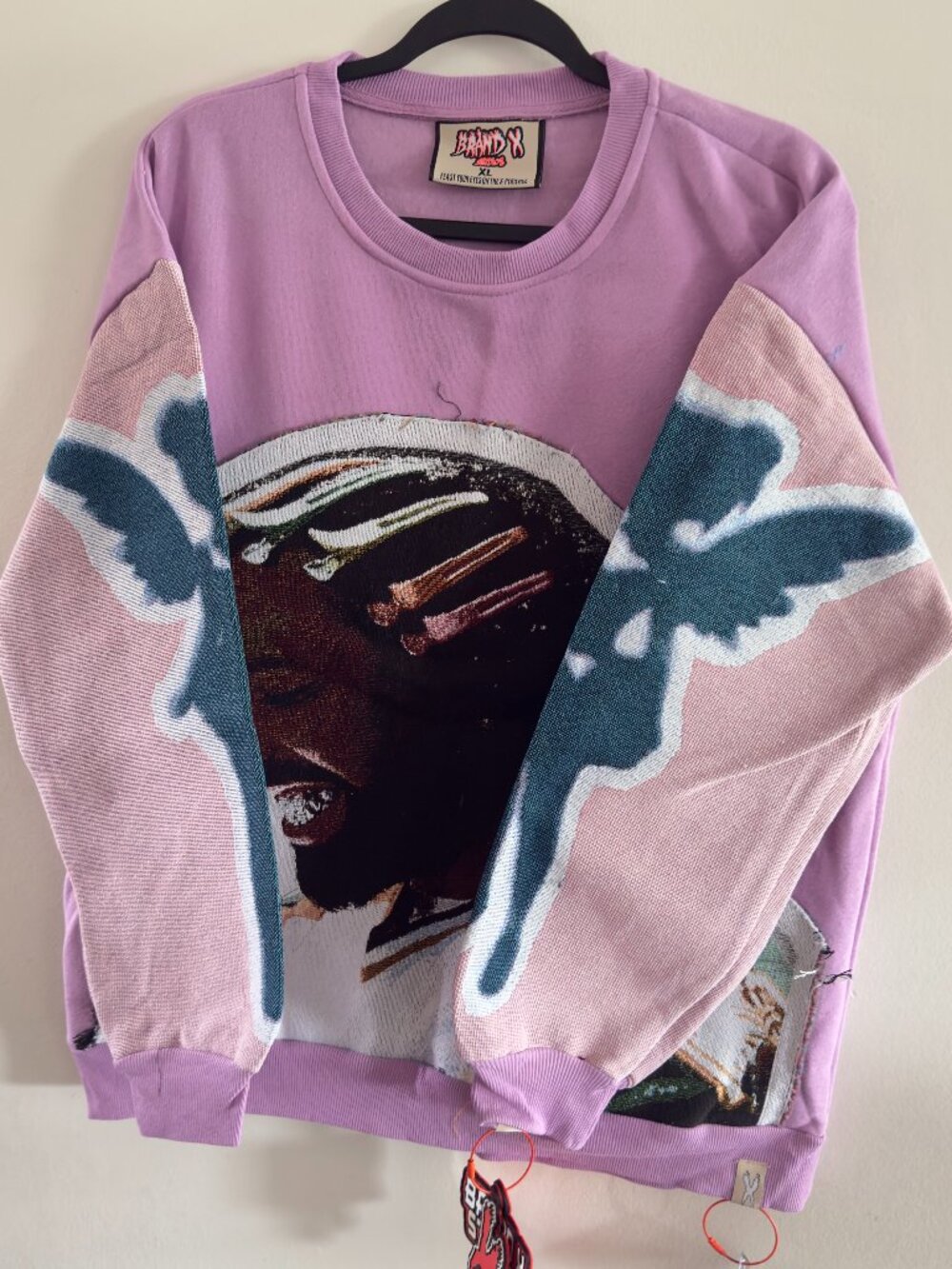 Brand X Studios Purple Angel Tapestry Graphic Crewneck Sweatshirt NWT XL